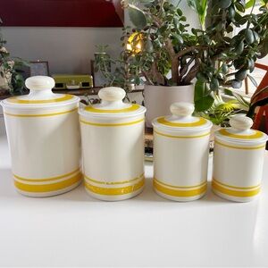 Vintage USA Made Kromex Set of 4 Aluminum Yellow & White Canisters